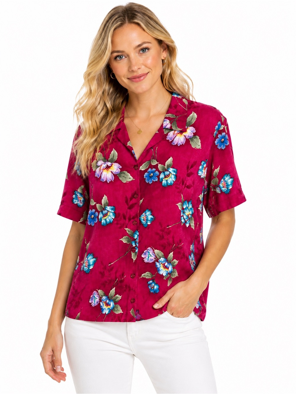 Vintage 90s Jaclyn Smith Floral Blouse Pink Blue Button Front Shirt